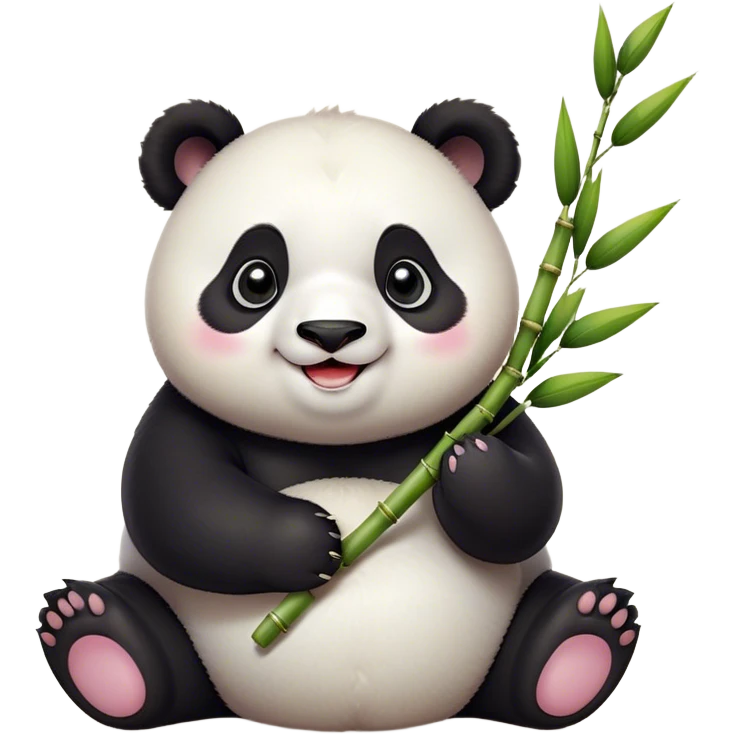 Cinematic smiling chubby panda, fluffy black and white fur, round rosy cheeks, tiny paws holding a bamboo shoot, sparkling eyes full of joy, soft glowing background, irresistibly huggable. emoji