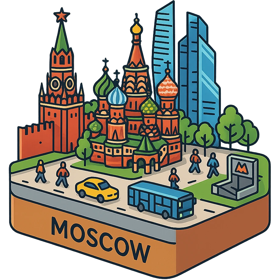 Изометричная миниатюрная 3D модель Москвы на подставке - фотореалистичный Кремль, собор Василия Блаженного, фотореалистичный Башни Москва-Сити, аккуратная детализация, четкие линии, яркие цвета, мультяшный реализм, гуляют люди и современный автотранспорт и метро, компактная композиция, вид сверху в изометрии, прозрачный фон emoji