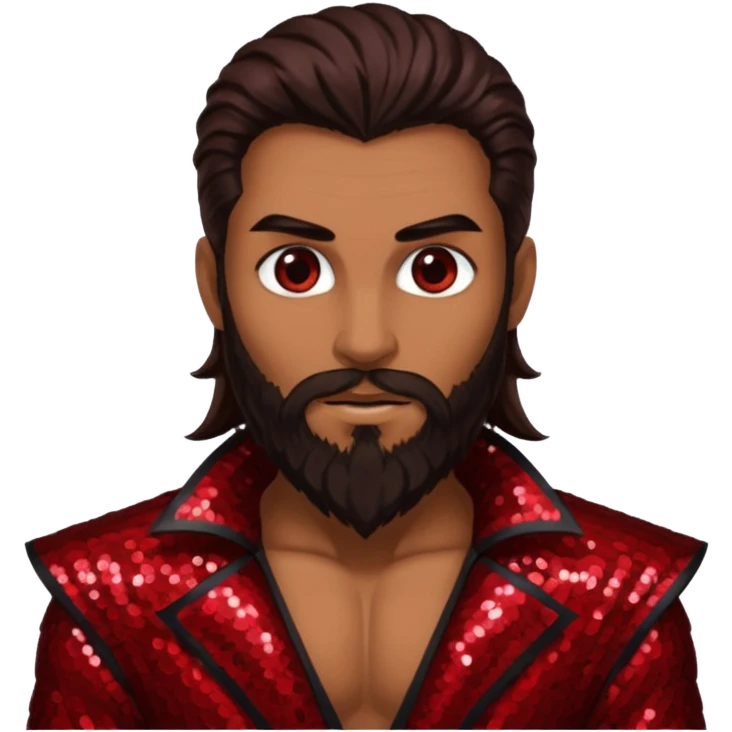 Samael, Venom of God from Gods and Goddesses with tan skin, long dark brown and beard, dark red sequin outfit emoji