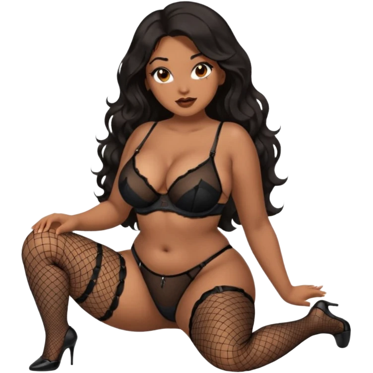 Curvy woman with brown skin with long wavy black hair, dark brown eyes. She's wearing black fishnet lingerie and black fishnet stockings, she's on her knees looking up to the camera  emoji
