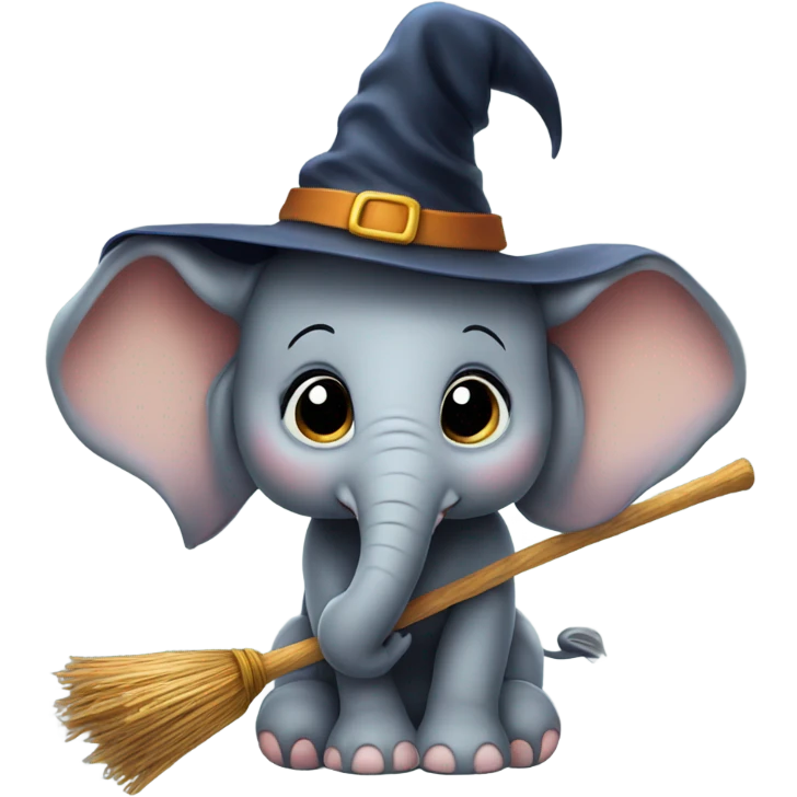 Baby ele flying on a broom with a witch hat emoji