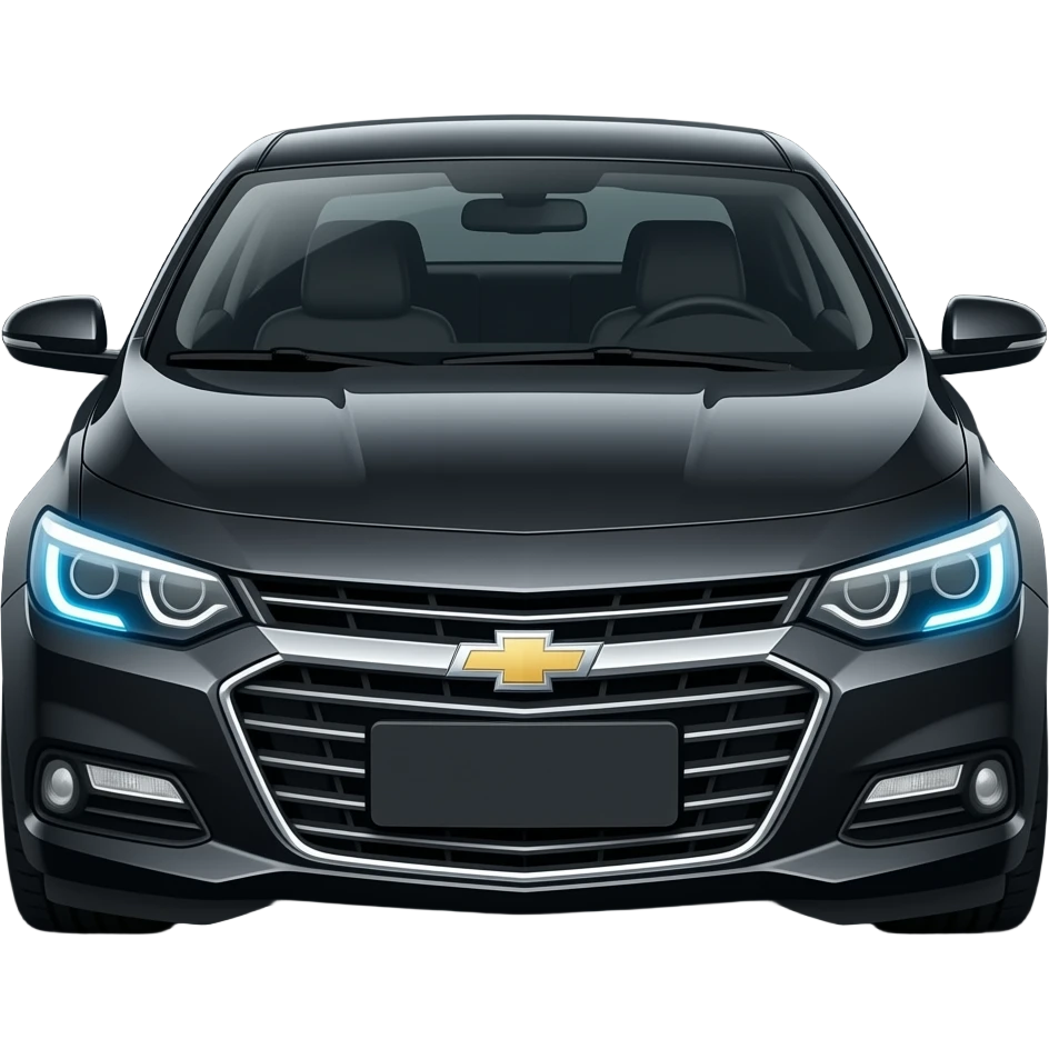 A realistic vector icon of a glossy black Chevrolet Malibu Premier, blackout limousine tint windows, gloss black alloy rims, ice blue LED headlights with a sharp glowing halo, high-detail, glossy finish, isolated on white background. emoji
