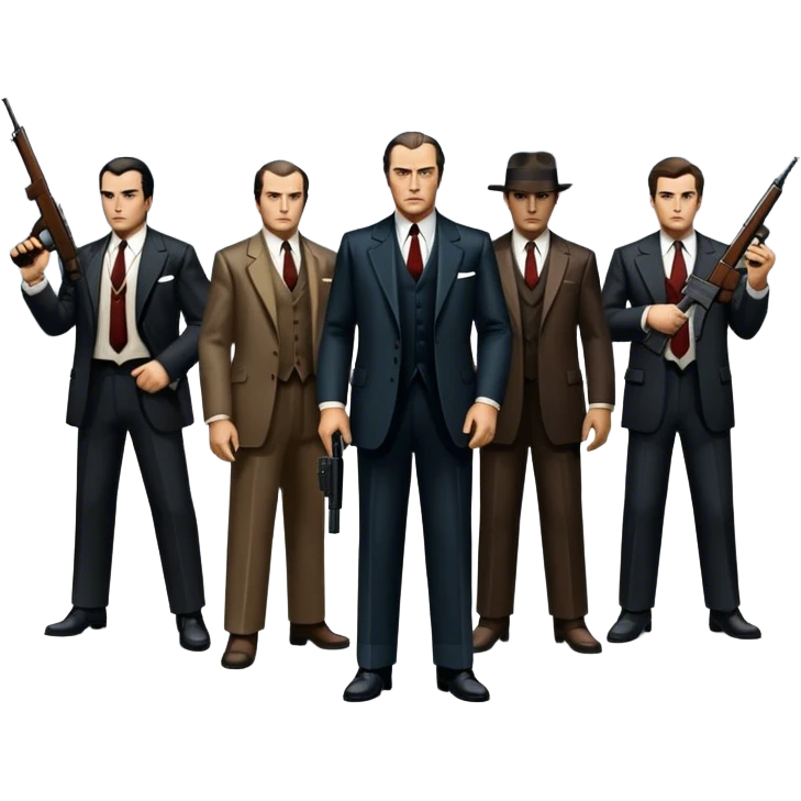 Vintage noir poster with Don Corleone surrounded by gangsters holding Thompson submachine guns. Background features New York skyscrapers, adding to the gritty, classic gangster film feel.  Dark and moody atmosphere with shadows, suits, and a mysterious vibe. Transparent background. emoji