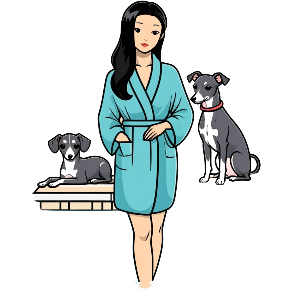 Very thin and slim Chinese woman with long black hair in elegant pool attire at a luxury spa pool with fancy amenities and her Italian greyhound that is COMPLETELY solid dark grey with ABSOLUTELY ZERO white markings anywhere - 100% uniform dark grey color only emoji