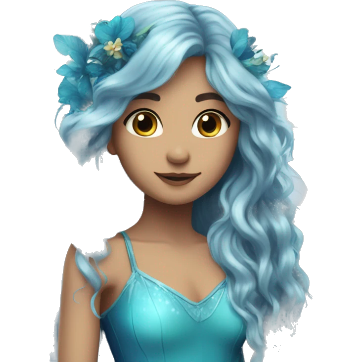 Beautiful, flower, fairy, blue, turqoise, silver, navy, long hair, big wings emoji