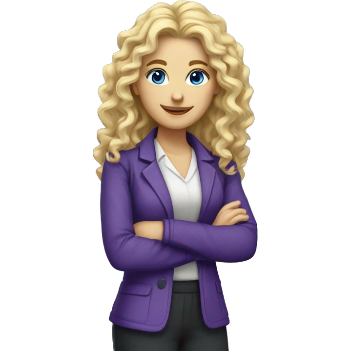 Woman teacher, blonde long curly hair,  blue eyes, purple jacket, with book emoji