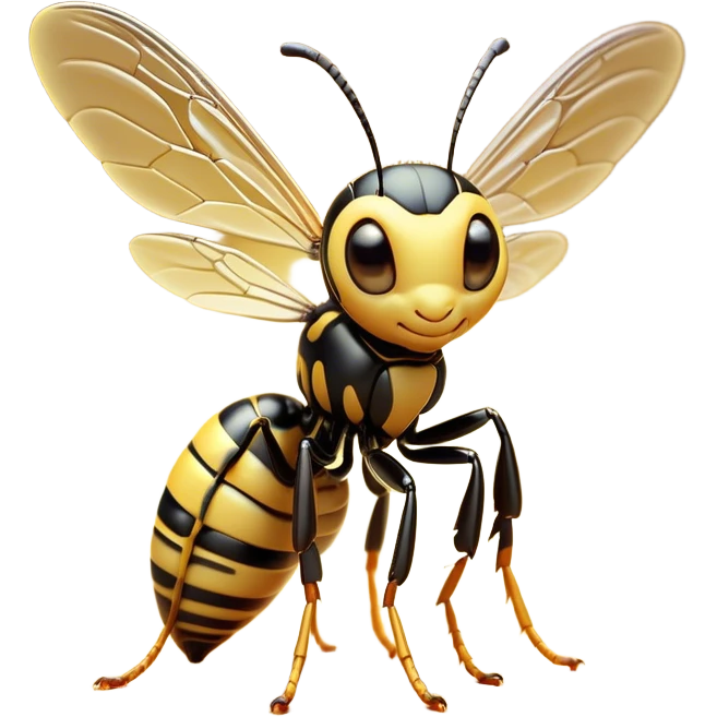 Cinematic Cute Wasp Portrait Emoji, Head tilted playfully and inquisitively, featuring a compact, delicately striped body with softened, endearing eyes and petite, translucent wings, Simplified yet irresistibly adorable features, highly detailed, glowing with a warm, inviting glow, high shine, affectionate and lively, stylized with a touch of whimsical insect charm, soft glowing outline, capturing the essence of a mischievous wasp that seems as if it could buzz out of the screen with a playful wink! emoji