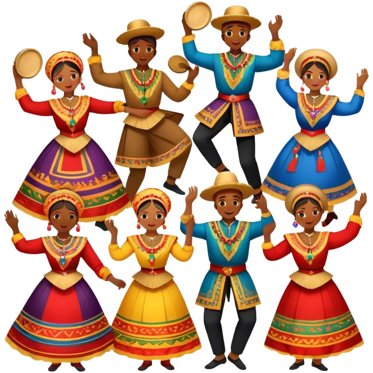 Icon for Folk Dance: a group of men and women performing a national dance in vibrant traditional costumes, with some holding castanets and tambourines. The icon should capture the festive and cultural energy of folk dance. Transparent background. emoji