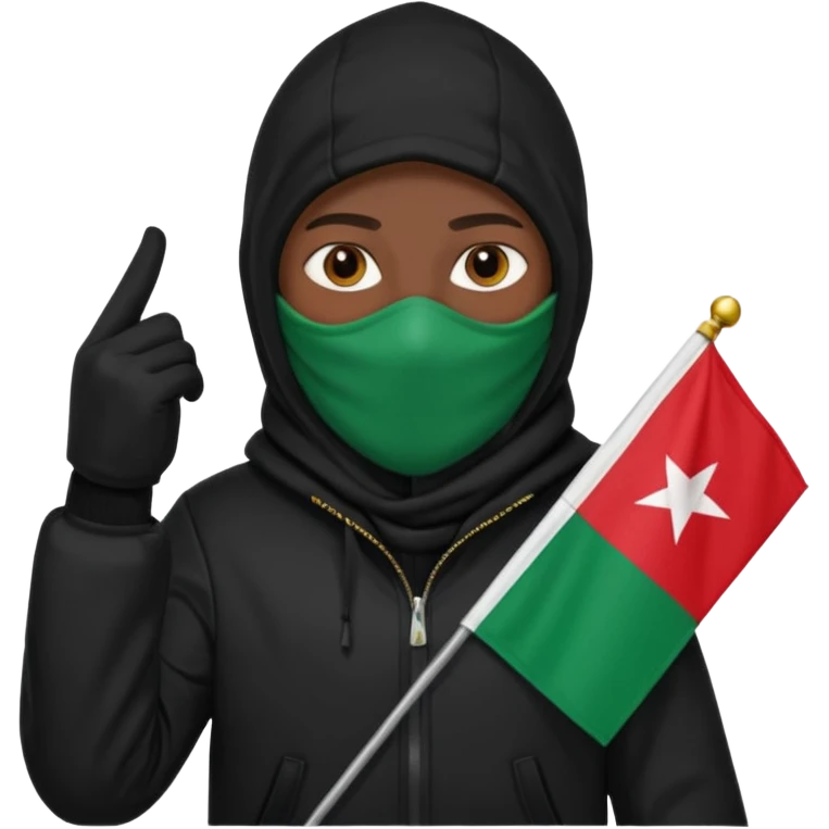 fait une personne habiller tout en noir avec une veste et une capuche et une cagoule qui tient un drapeua d'algerie dans sa main droite emoji