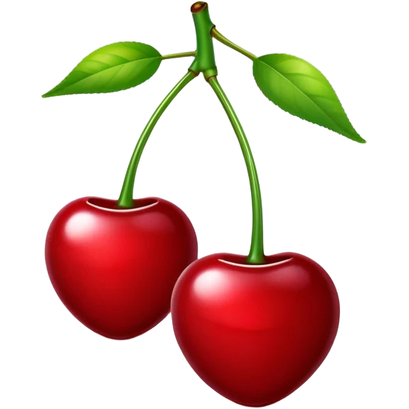 Pair of glossy red cherries with green stem, fruit emoji