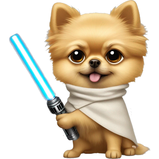 Pomeranian dressed as Luke Skywalker holding a lightsaber emoji