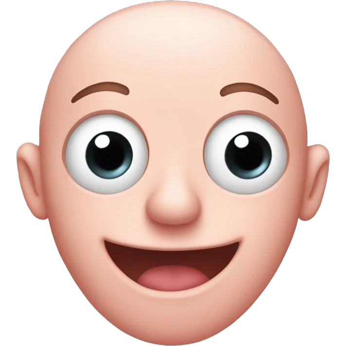 Big pink head with big eyes but no hair and no nose but a big grin, no body or arms just thin legs emoji