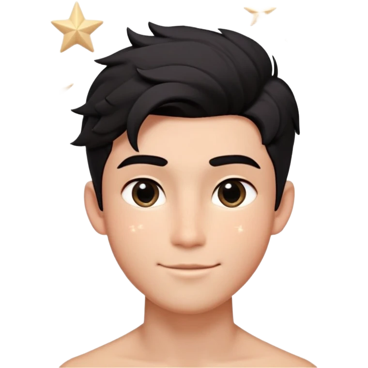 Male Design   Hair - Black textured crop cut with natural flow Face Shape - Oval contour with soft blush gradients Eyes - Left eye : Almond-shaped eye with sparkle highlights | Right eye : Glowing five-point star symbol (✨) Expression - Playful smirk with slight dimple emoji