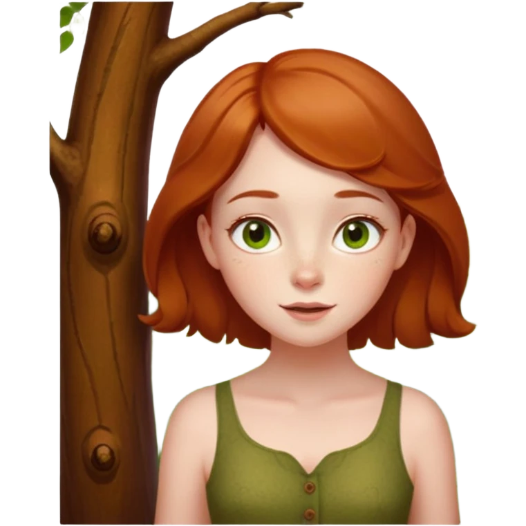 Petit sapin vert sylvestre, féminin, regard malicieux, tâches de rousseurs délicates, joues roses. Yeux de biche brillants en forme amande, yeux couleur ambre, tronc couleur acajou. Sapin en mouvement, incurvé pour un effet vivant. emoji