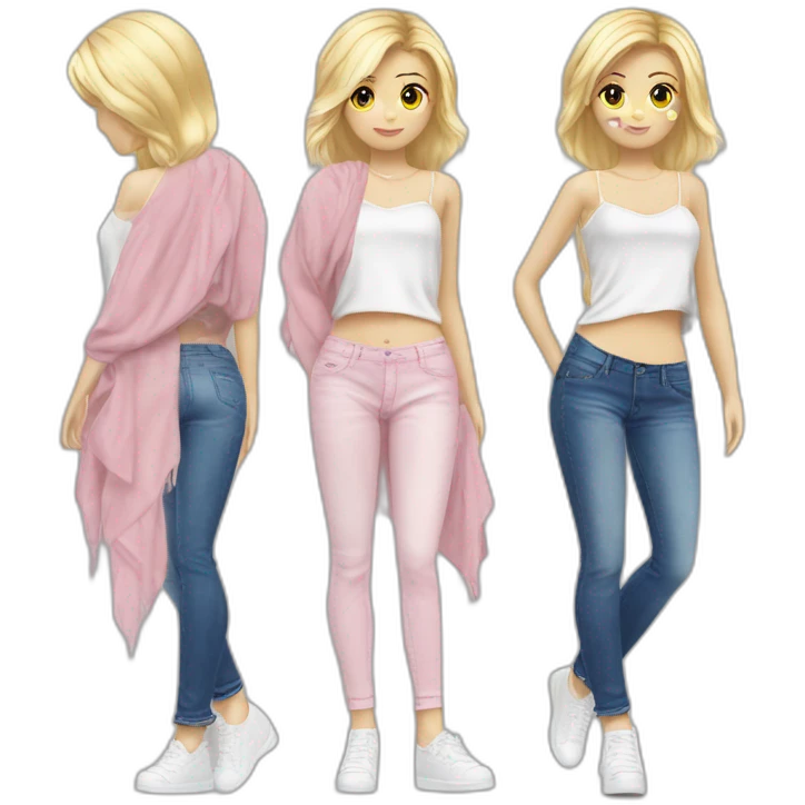 Fille cheveux blond long foncé peau blanche jeans noir pull tie n die rose emoji
