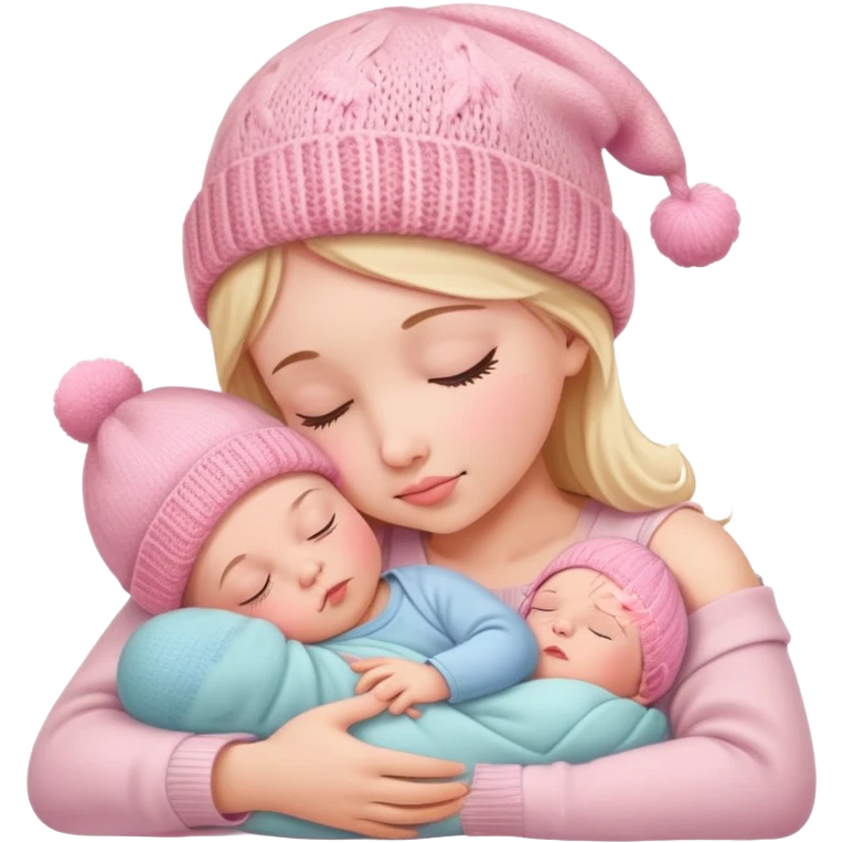 peaceful infant baby sleeping on mother's arm wearing cute pink knitted hat emoji