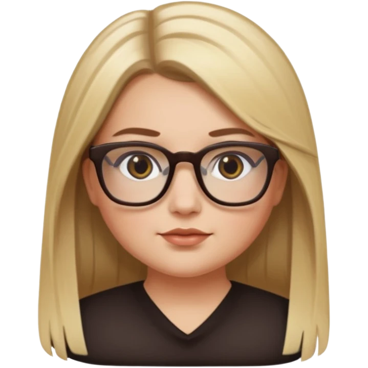Chica blanca con cabello liso largo balayage (rubio con cafe), ojos cafe obcuro con lentes cuadrados, gordita emoji