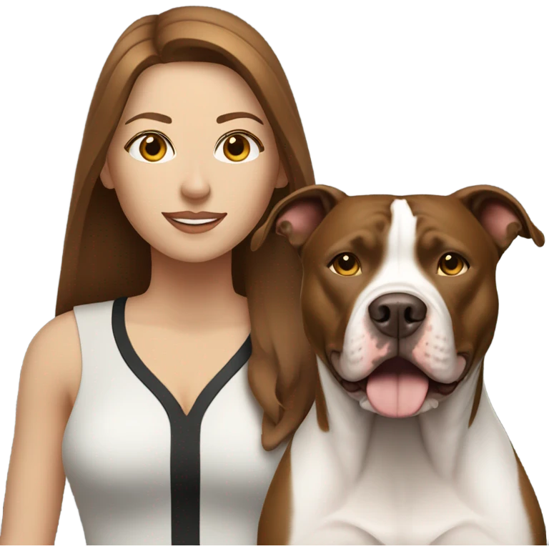 white woman with straight long brown hair standing alongside a white pitbull emoji