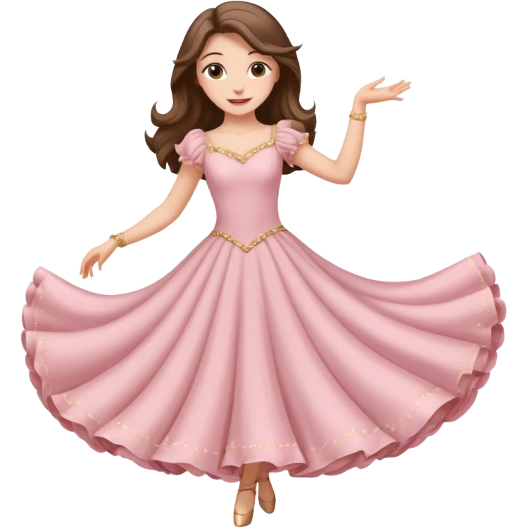 happy white long brunette hair girl with hazel eyes in light pink ballroom dancing emoji
