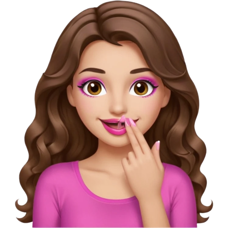 girl with long wavy brown hair, brown eyes, long lashes makeup, pink lips, light to medium complexion, pink sexy top, smiling, hand covering the mouth, emoji