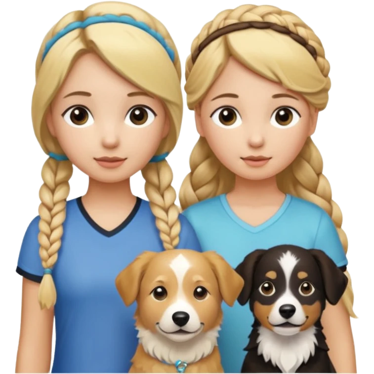 a group of 5 girls two blonde hair tied down one with a golden retriever next to her 1 blonde hair and in a braid  and one brown hair with a head band and 1 blonde hair in a small braid with a border collie next to her emoji