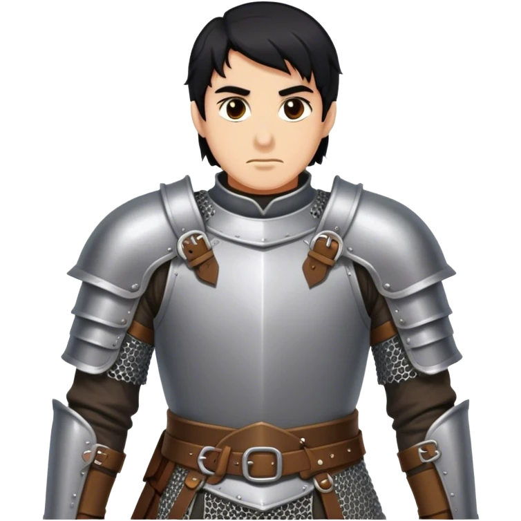 medieval battle armor worn by a DnD themed fantasy character. basic chainmail hauberk reinforced with a leather chestplate. armor only above the waist. The armor full waist. The character's haven't arms. character is black hair brown eyes short messy hair tan-skinned man.

 emoji