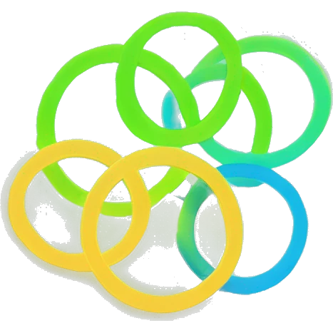 Create a circular logo emoji with two glowing overlapping rings, one neon blue and one neon green, with a hexagonal pattern. Make the design minimalist and clean, with vibrant neon colors emoji