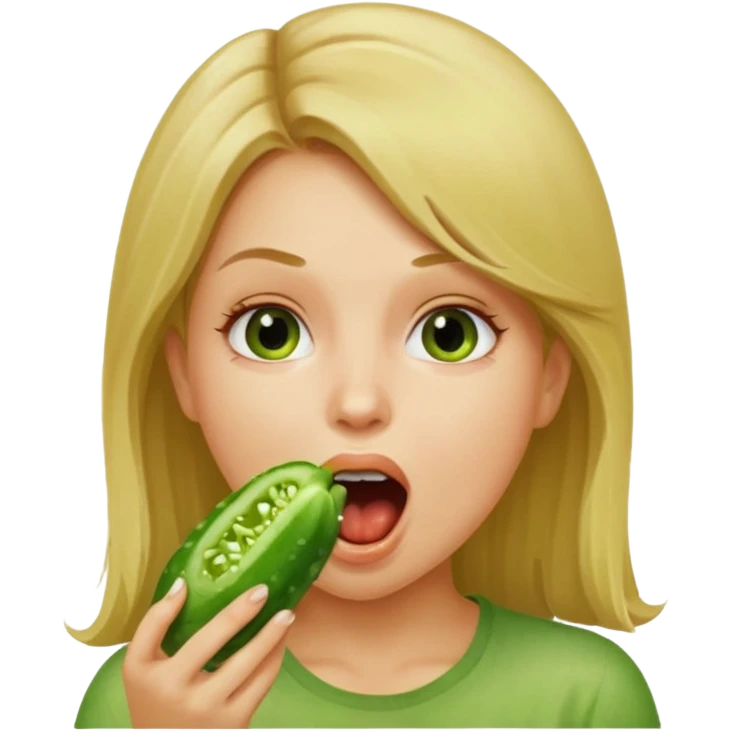 Girl mouth open. Cucumber going inter her mouth dirty blonde hair emoji