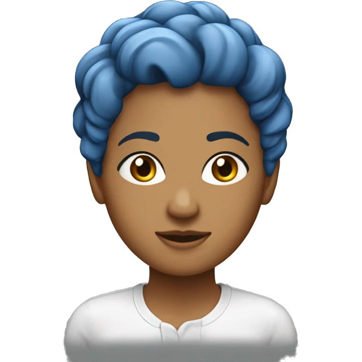 mulher branca de cabelos cacheados longos, cabelos soltos, camisa azul emoji