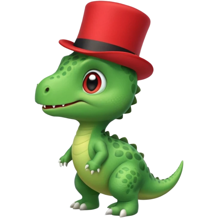 A side view of a very cute and adorable green anthropomorphic baby dinosaur with a red top hat emoji
