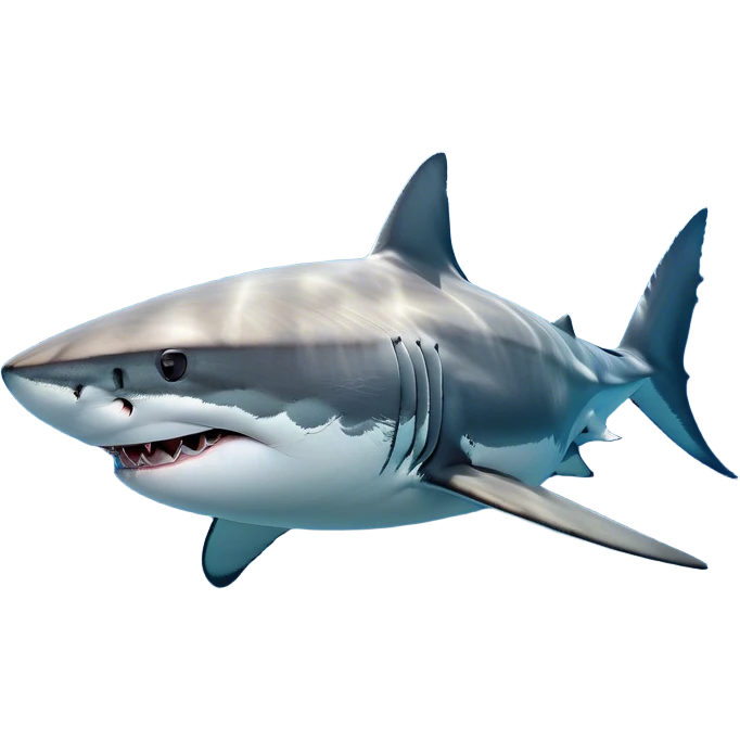 Beautiful and Majestic Great White Shark Portrait Emoji, Head and body resting peacefully with a serene, confident expression, showcasing its robust, torpedo-shaped form and a subtle, regal glint in its eyes, Simplified yet exquisitely endearing features, highly detailed, glowing with a soft, drowsy ocean light, high shine, relaxed and utterly majestic, stylized with an air of marine splendor, soft glowing outline, capturing the essence of a beautiful and majestic great white shark that feels destined to become the next viral icon of awe-inspiring ocean beauty! emoji