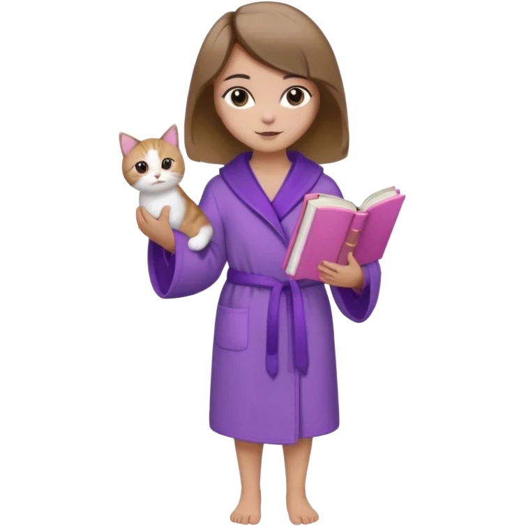 Девушка с короткими волосами до плеч русого цвета, с черными бровями, карие глаза, у неё фиолетовый халат, стоит в полный рост, в руках она держит розовую книгу, а возле ноги кот  emoji