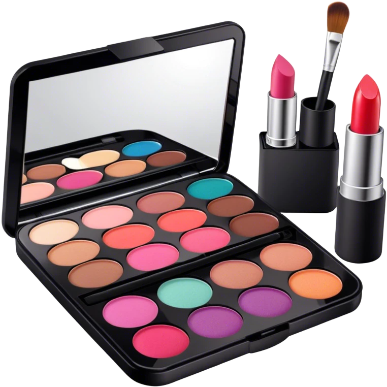 A photorealistic icon featuring makeup brushes, a lipstick being applied, an eyeshadow palette with colors in use and a compact mirror reflecting a half-done makeup look. The design captures the artistry and process of makeup with bright and realistic textures. Transparent background. emoji