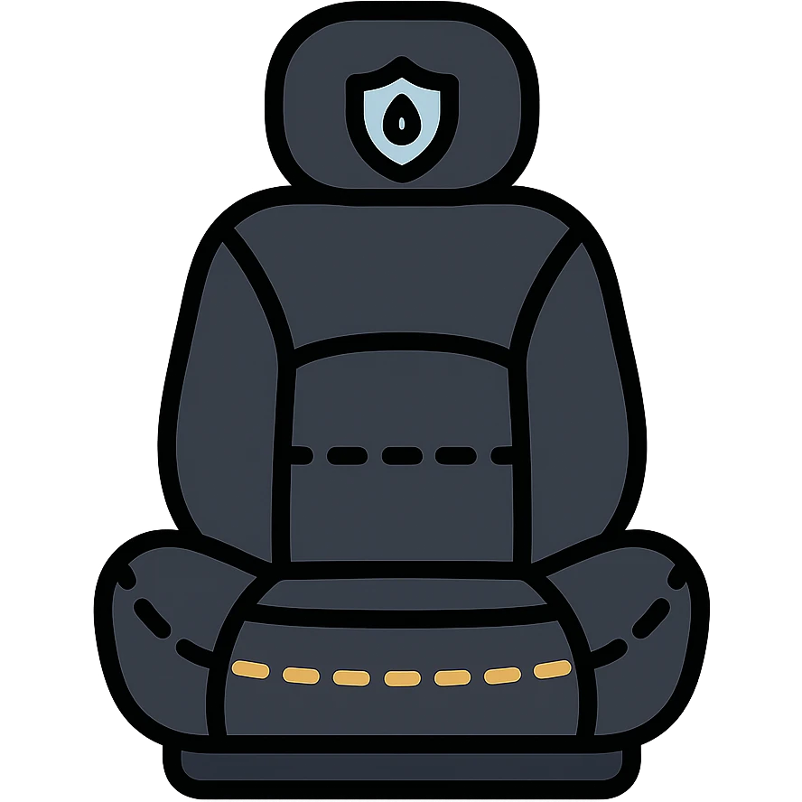 luxury car seat in matte black with a small droplet or shield on the headrest, elegant stitching, minimalist lines, modern and clean style icon emoji