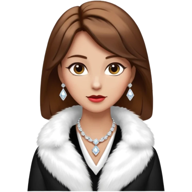 * Character: A stylish lady,brown hair
* ﻿﻿Clothing: A luxurious white fur coat
* ﻿﻿Accessories: A dazzling diamond necklace
* ﻿﻿Expression: Confident, elegant, maybe slightly glamorous
* ﻿﻿Pose: Head slightly tilted or a poised posture
* ﻿﻿Style: Emoji-like, simple but expressive emoji