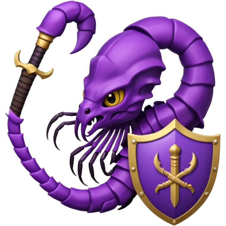 please make Scorpion of purple with sword and shield in back ground emoji