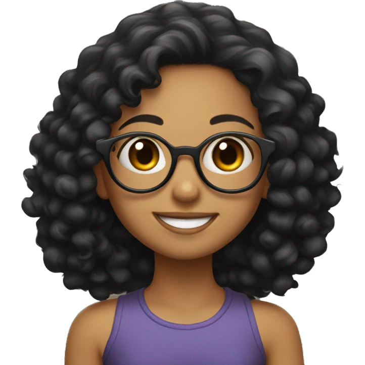 girl with black curly hair, round glasses and a big smile emoji