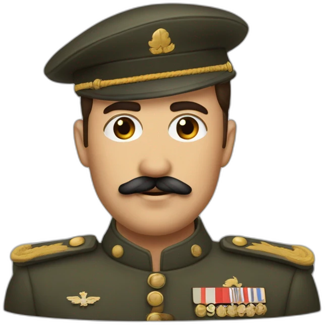 cheveux bruns coiffés en arrière, une petite moustache, des yeux sombres et un visage plutôt anguleux. Il portait souvent l'uniforme militaire caractéristique de la 2nd guerre mondiale emoji