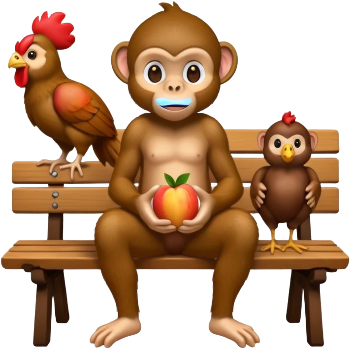 monkey(full body) sitting on a bench and eating peach and chocolate and chicken watches him emoji