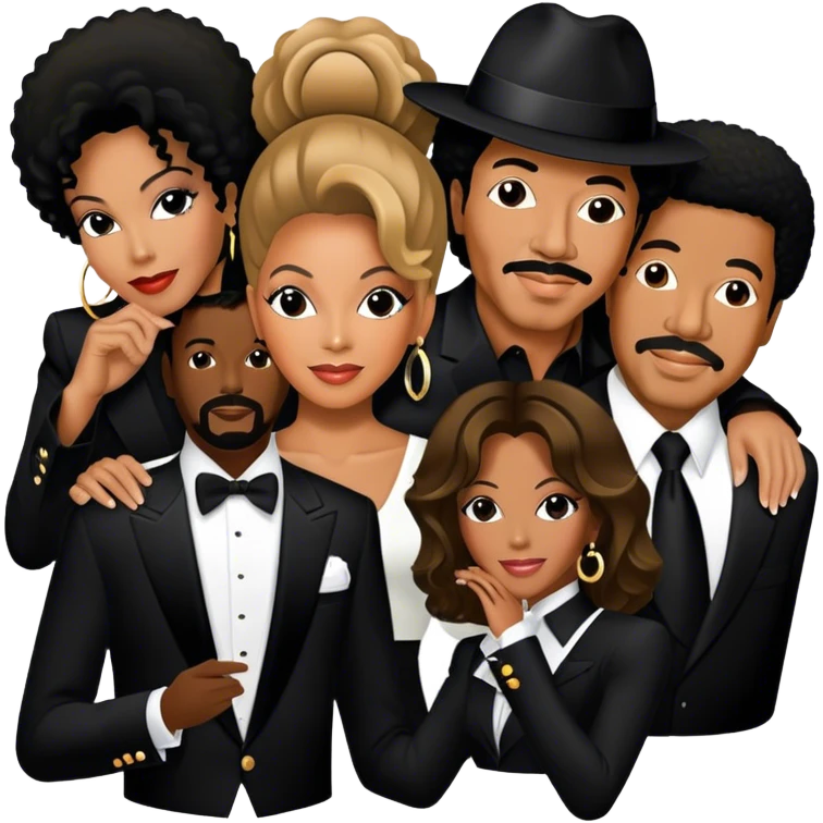 Icon for R&B Music: collage of iconic R&B artists—Michael Jackson, Beyoncé, Lionel Richie, Whitney Houston, and Barry White. Each artist represented by a silhouette or symbolic item (like a glove, microphone, or fedora). Transparent background. emoji