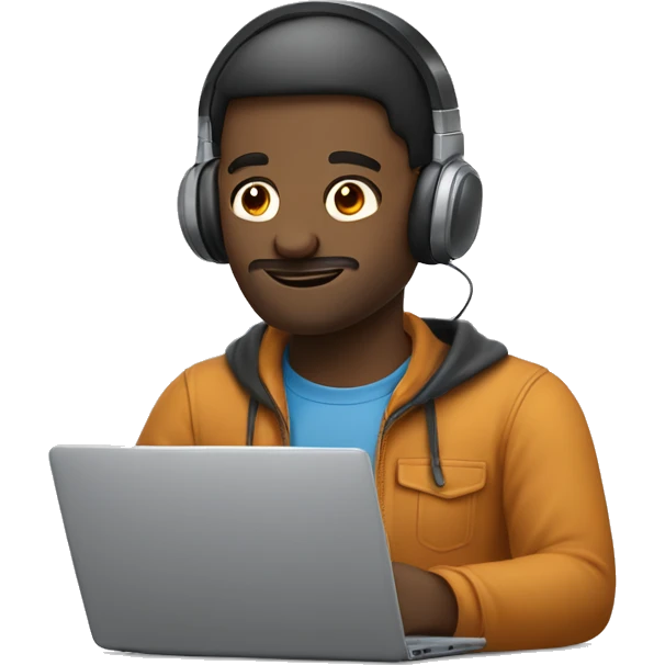 man in headphones talking hold laptop and phone only upper part of body  emoji