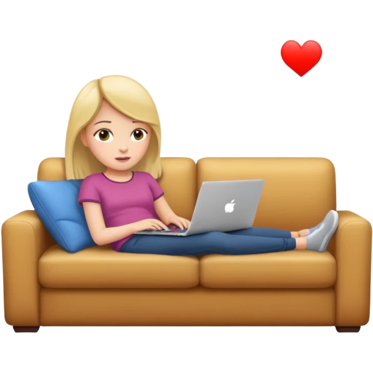 A girl is working with a laptop while lying on the sofa emoji