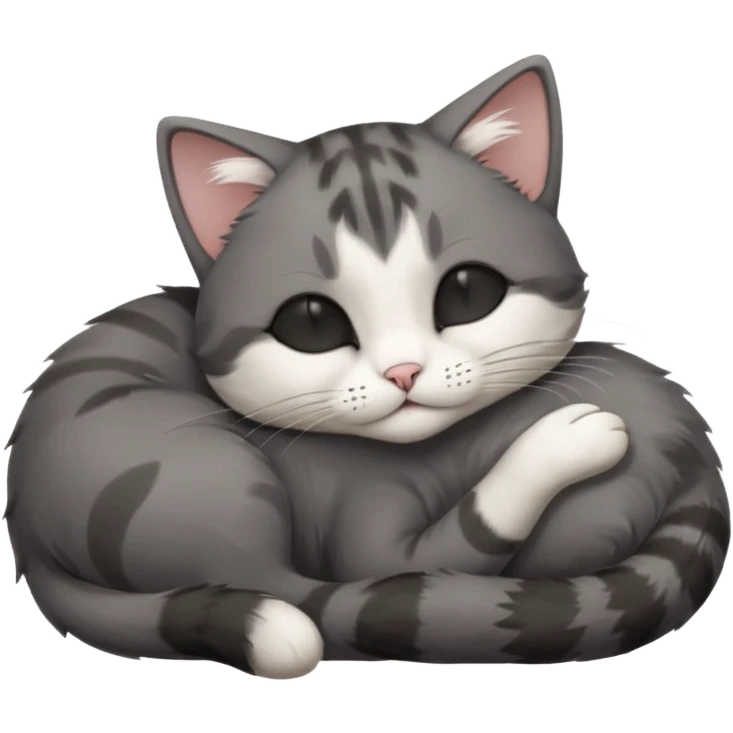 dark grey and white small cat with its eyes closed lying down leaning on its elbow with its paw curled under its head holding it up emoji
