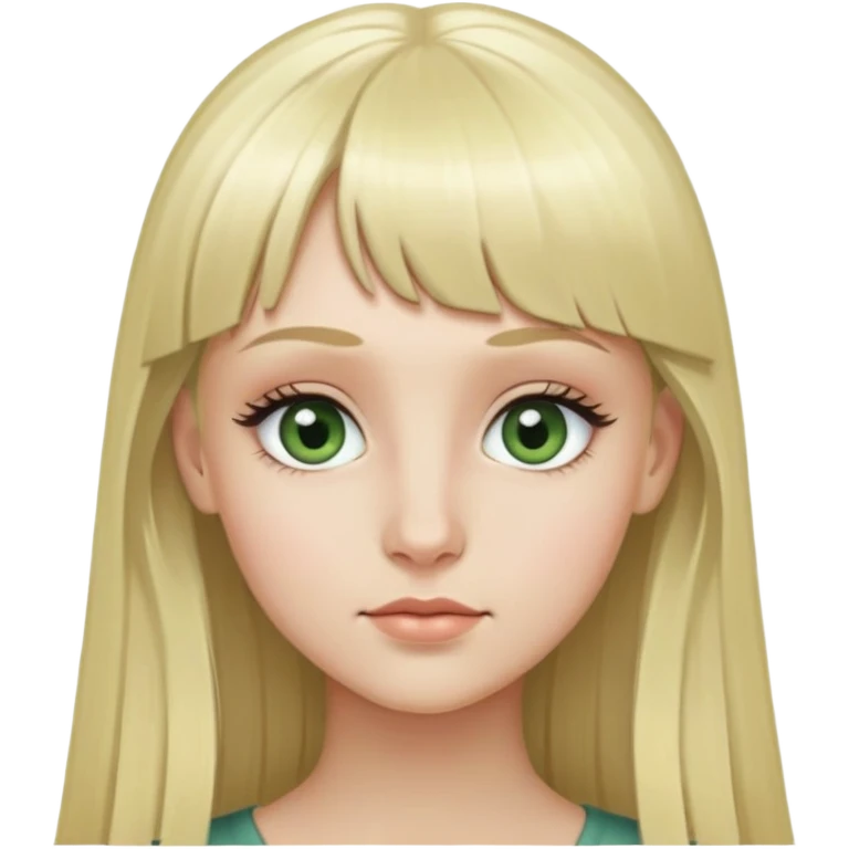 Girl with long blonde hair, micro bangs, no eyebrows, grey green eyes, and long eyelashes emoji