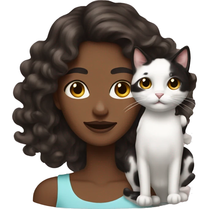 long wavy haired brown skin woman holding black and white cat emoji