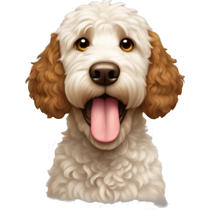 Brown and white patches Golden doodle dog showing tongue white head brown ears and brown patch on head emoji