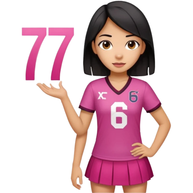 Hawaiian girl with black hair with dark pink highlights in hair with short skirt and jersey shirt number 67 emoji