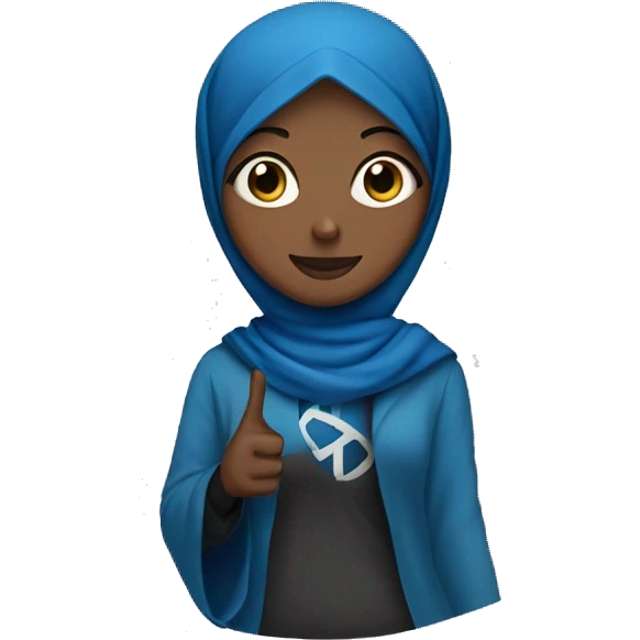 Black Hijabi in blue holding a peace sign emoji
