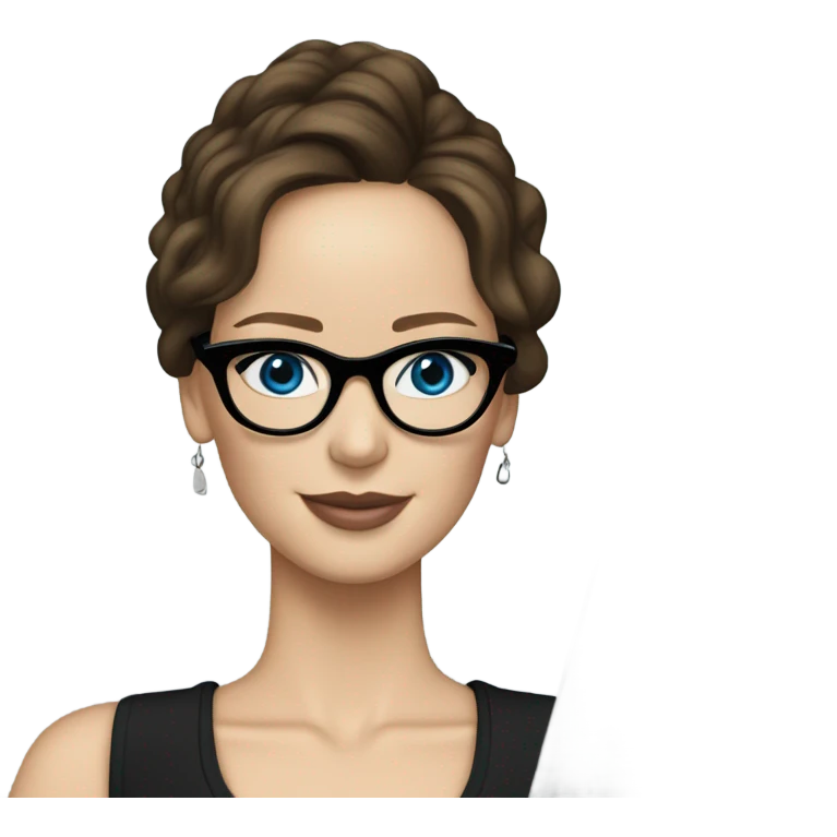 Realistic Photo of Brunette Jennifer Lawrence wearing black glasses and blue eyes talking on their laptop  emoji