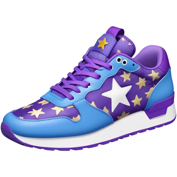 Bape sneaker with star pattern, blue and purple colorway, low top athletic shoe with ape head logo emoji